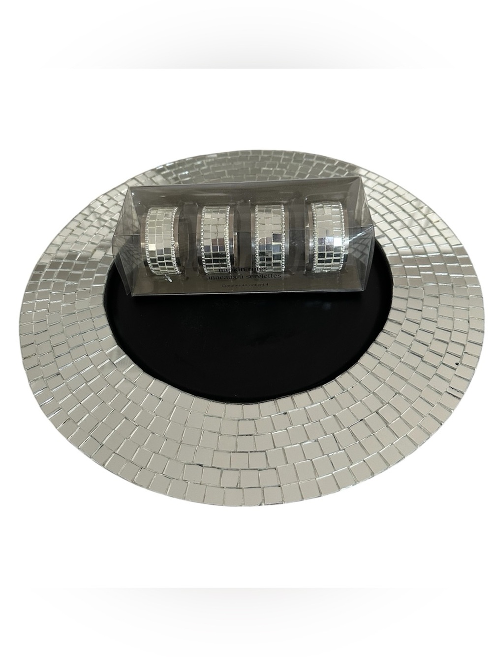Pier 1 Mirrored Mosaic Charger Plate + 4 Napkin Rings Silver Set
